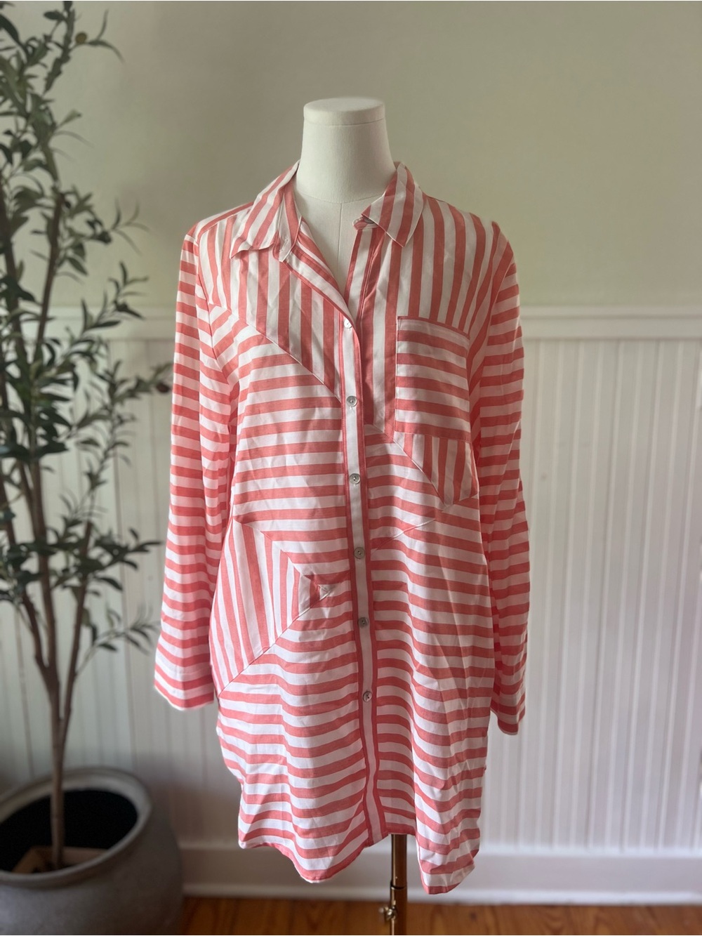Chico’s Women‎ White Coral Striped Tunic Button Cover Up Size 12 Beach Resort
